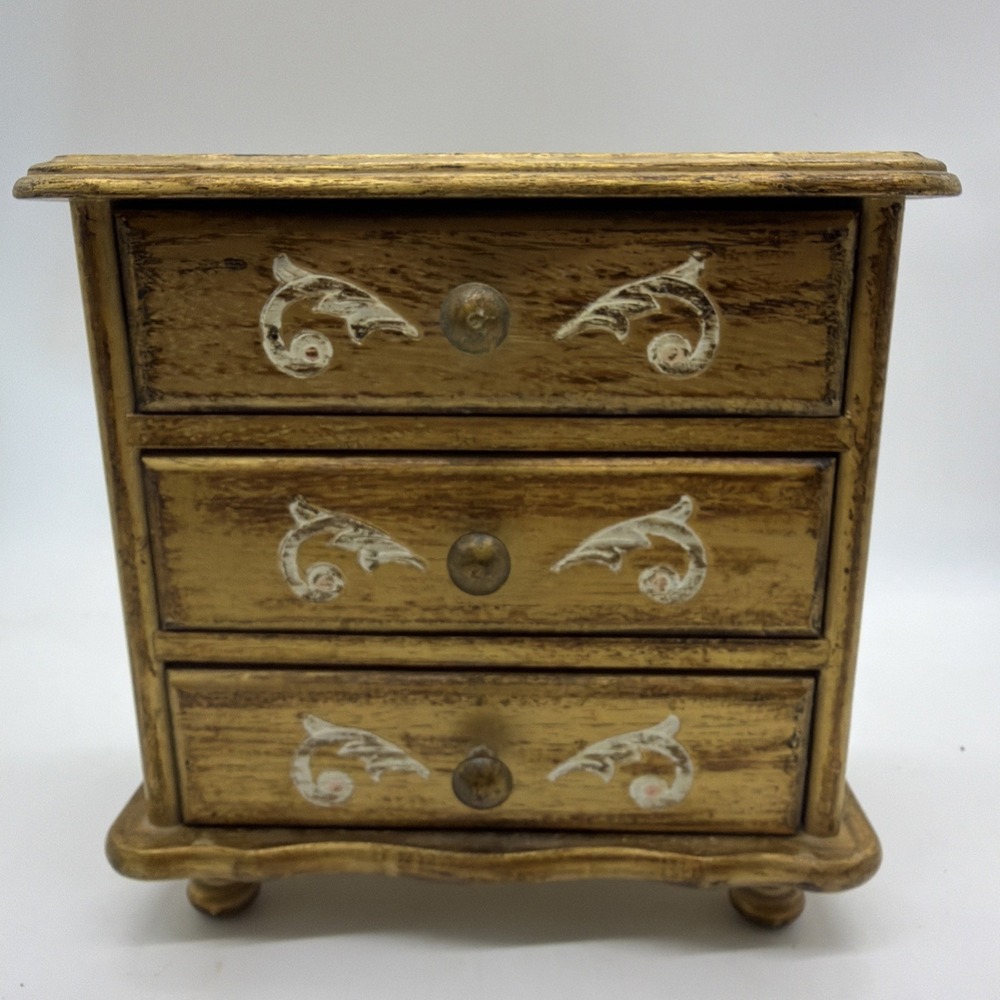 Vintage Italian Florentine‎ Gold 3 Red Velvet Drawer Musical  Jewelry Box